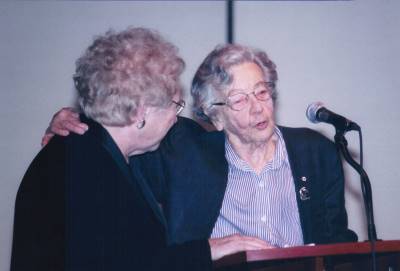 <span class='aslide1'>Dr. (Professor) Ursula Franklin with Sister A.T. Sheehan</span>
